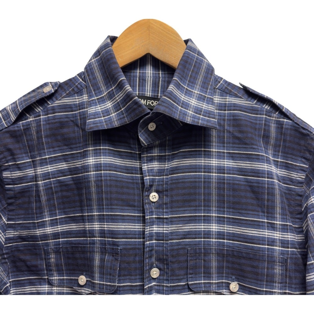 Tom Ford Mens Size 16.5/42 Blue Plaid Double Pocket Epaulet Cotton L/S Shirt euc